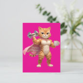 Pink Gym Cat Postcard – Funny Fitness Gift Card ポストカード (スタンド正面)