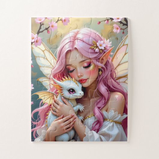 Pink Haired Fairy and White Baby Dragon   ジグソーパズル (縦)