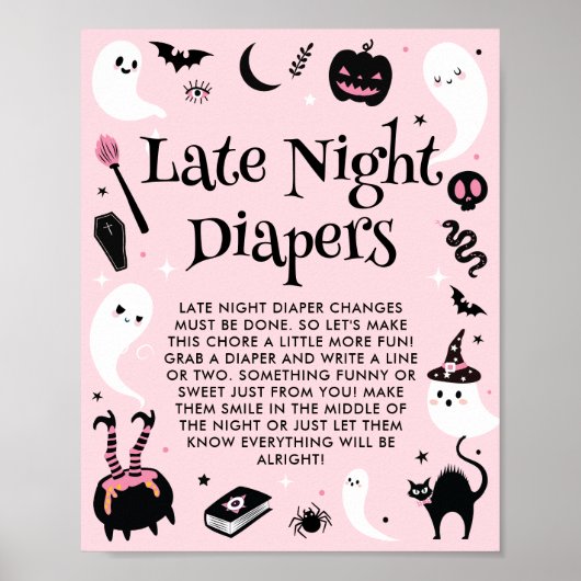 Pink Halloween Baby Shower Late Night Diapers ポスター (正面)