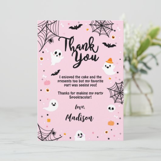 Pink Halloween Cute Ghost サンキューカード (スタンド正面)