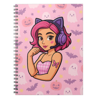 Pink Halloween Gamer Girl Notebook | Kawaii Ghosts ノートブック