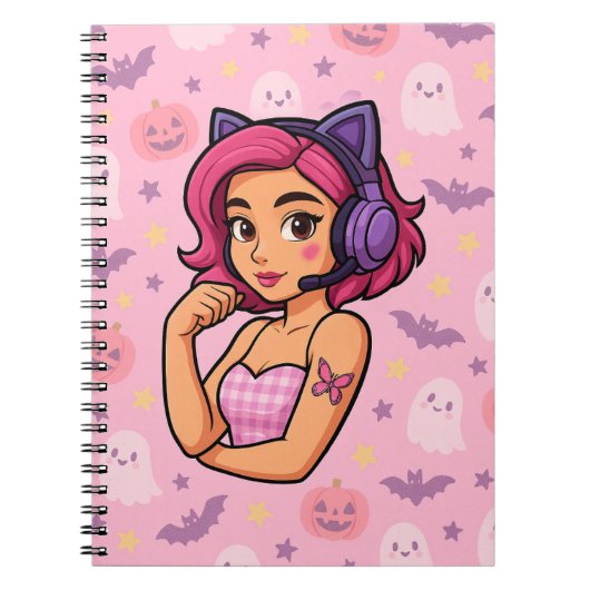 Pink Halloween Gamer Girl Notebook | Kawaii Ghosts ノートブック (正面)