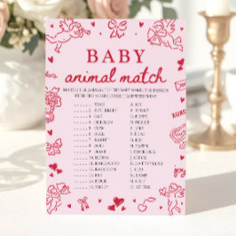 Pink Hand Drawn Baby Animal Match Baby Shower Game 招待状