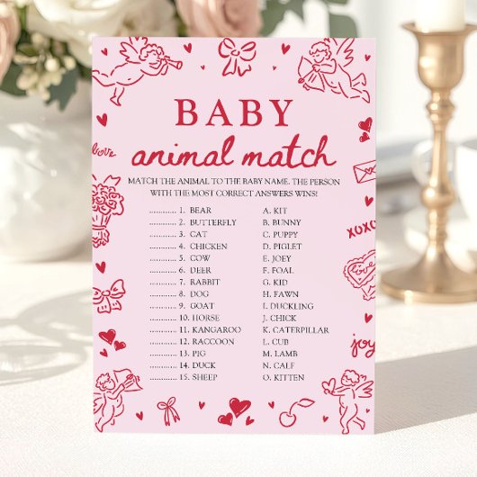 Pink Hand Drawn Baby Animal Match Baby Shower Game 招待状
