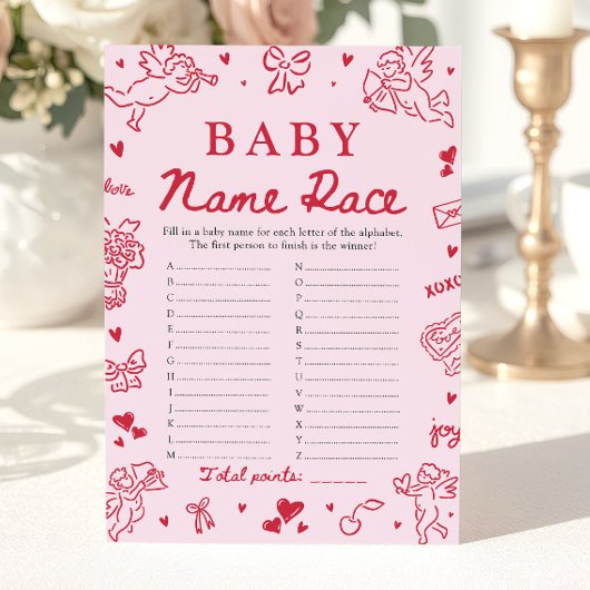 Pink Hand Drawn Baby Name Race Baby Shower Game 招待状