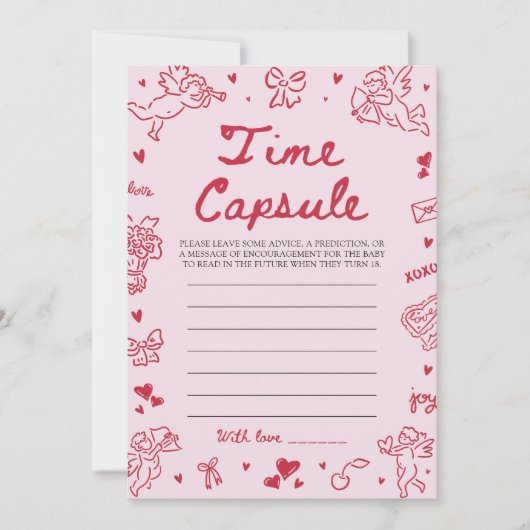 Pink Hand Drawn Baby Shower Time Capsule Game 招待状 (正面)