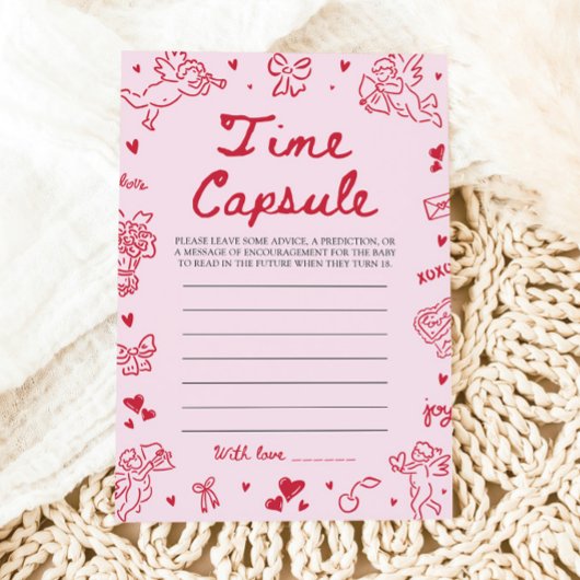 Pink Hand Drawn Baby Shower Time Capsule Game 招待状