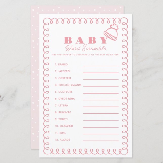 Pink Hand-Drawn Beanie Girl Baby Word Scramble (正面/裏面)