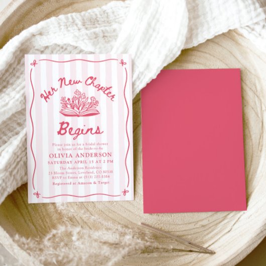 Pink Hand Drawn Book Her New Chapter Bridal Shower 招待状