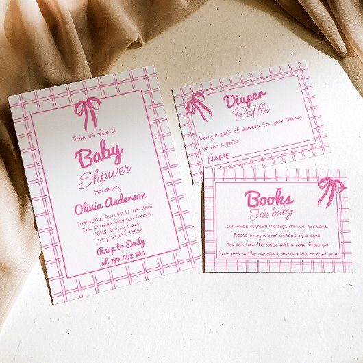 Pink Hand Drawn Bow Gingham Boho Girl Baby Shower  招待状