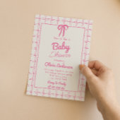 Pink Hand Drawn Bow Gingham Boho Girl Baby Shower  招待状