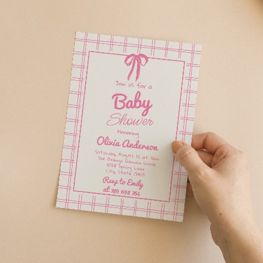 Pink Hand Drawn Bow Gingham Boho Girl Baby Shower  招待状