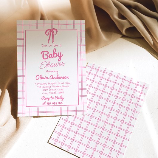Pink Hand Drawn Bow Gingham Boho Girl Baby Shower  招待状