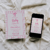Pink Hand Drawn Bow Gingham Boho Girl Baby Shower  招待状