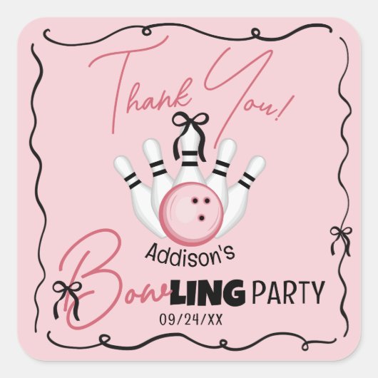 Pink Hand Drawn BOWling Bows Birthday Party Favor スクエアシール (正面)
