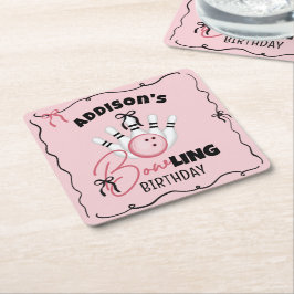 Pink Hand Drawn BOWling Bows Girl Birthday Party スクエアペーパーコースター