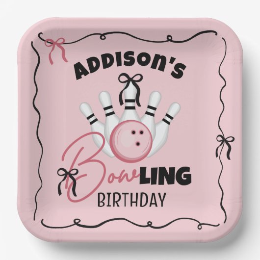 Pink Hand Drawn BOWling Bows Girl Birthday Party ペーパープレート (正面)