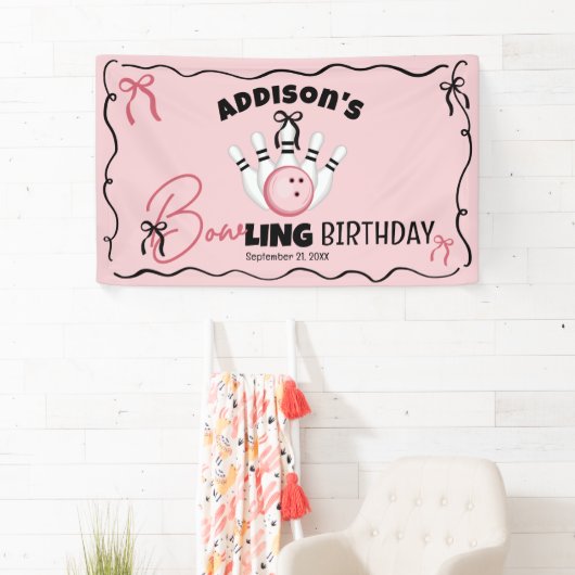 Pink Hand Drawn BOWling Bows Girl Birthday Party 横断幕 (インサイチュ)