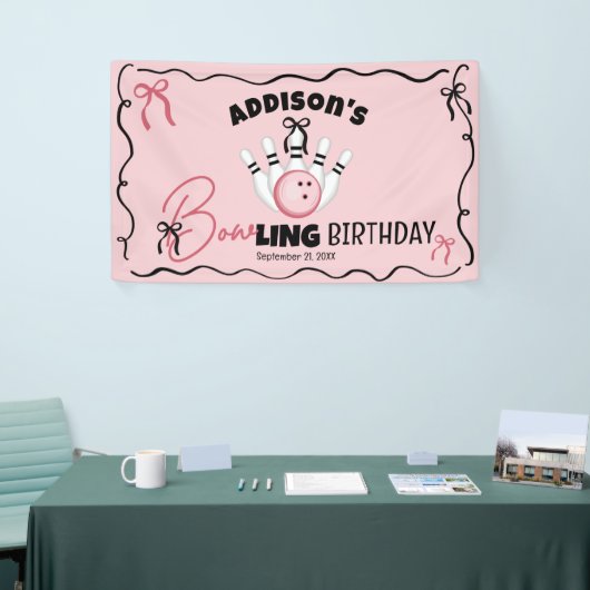 Pink Hand Drawn BOWling Bows Girl Birthday Party 横断幕 (トレードショー)