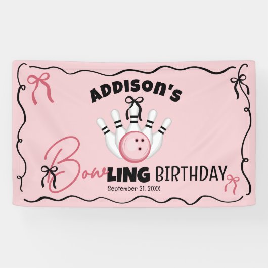 Pink Hand Drawn BOWling Bows Girl Birthday Party 横断幕 (横)