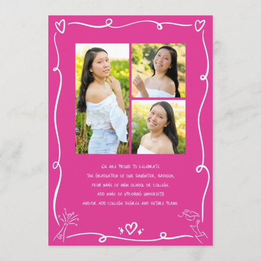 Pink Hand Drawn Doodles Graduate 4 Photo White Fun 案内状 (裏面)