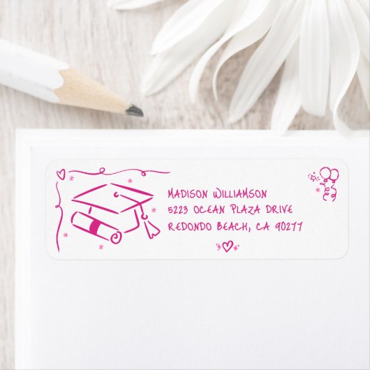 Pink Hand Drawn Doodles Graduate Cap White Address ラベル (インサイチュ)