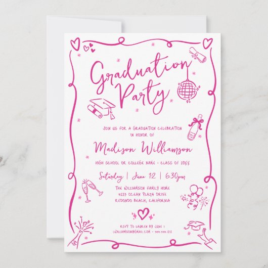 Pink Hand Drawn Doodles Graduation Fun White Party 招待状 (正面)