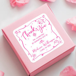 Pink Hand Drawn Doodles Graduation Thank You White スクエアシール