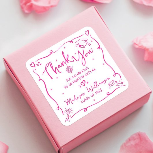Pink Hand Drawn Doodles Graduation Thank You White スクエアシール