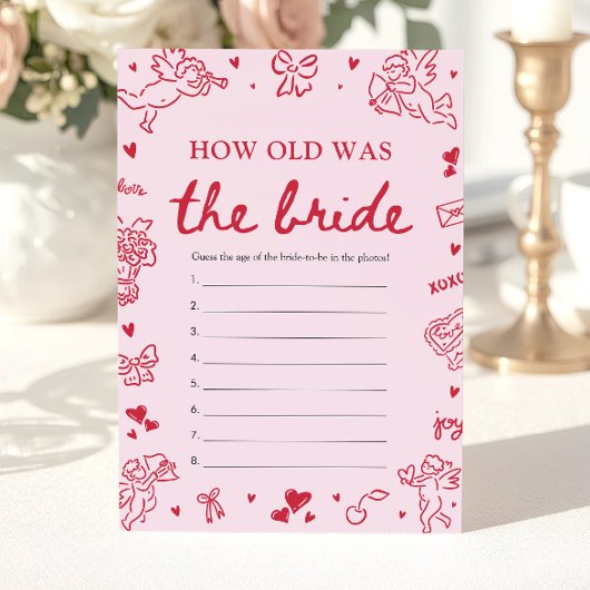 Pink Hand Drawn How Old Was The Bride Game  招待状
