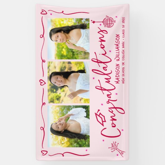 Pink Hand Drawn Red Doodles Graduation 3 Photo Fun 横断幕 (縦)