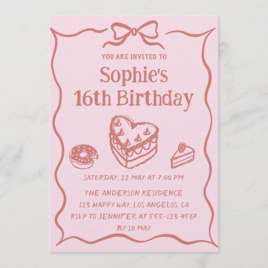 Pink Hand-Drawn Sweets Sweet 16 Birthday  招待状 (正面)