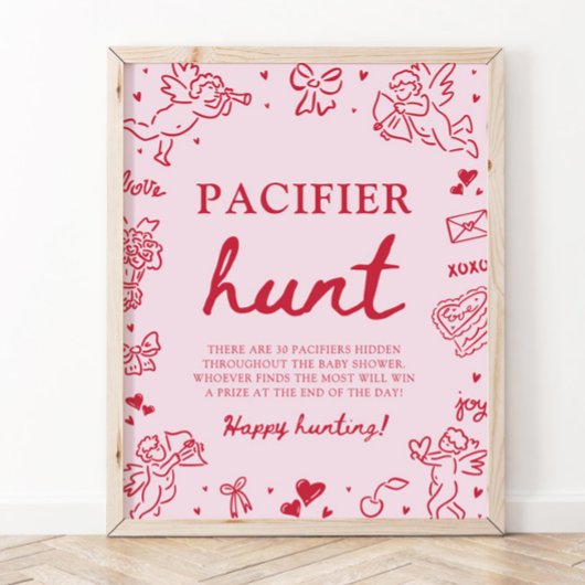 Pink Hand Drawn Valentine Baby Pacifier Hunt Game ポスター