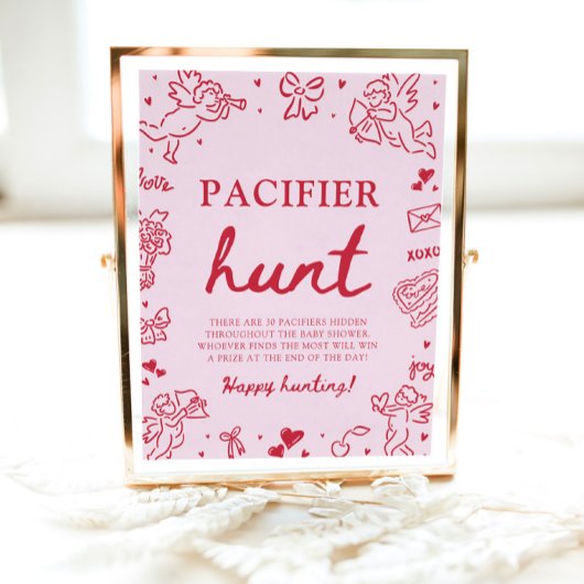 Pink Hand Drawn Valentine Baby Pacifier Hunt Game ポスター