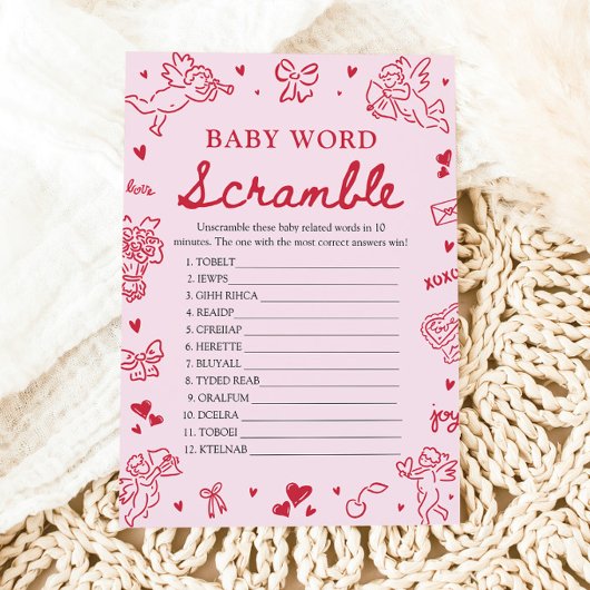 Pink Hand Drawn Valentine Baby Word Scramble Game 招待状