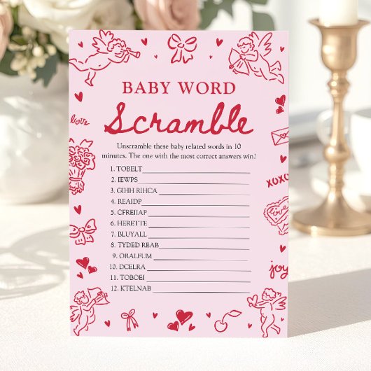 Pink Hand Drawn Valentine Baby Word Scramble Game 招待状