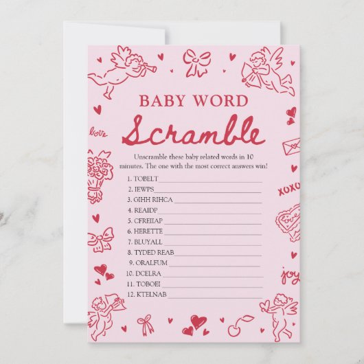 Pink Hand Drawn Valentine Baby Word Scramble Game 招待状 (正面)