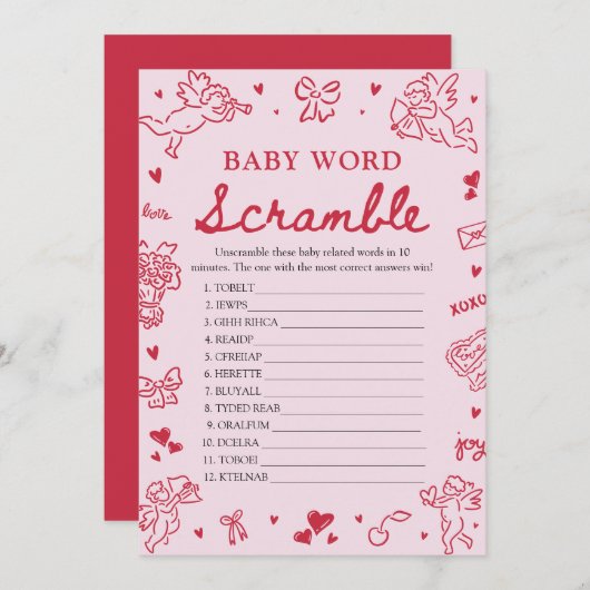 Pink Hand Drawn Valentine Baby Word Scramble Game 招待状 (正面/裏面)