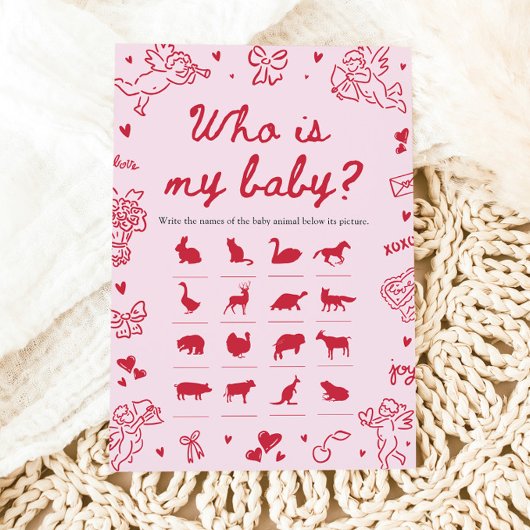 Pink Hand Drawn Valentine Who Is My Baby Game 招待状