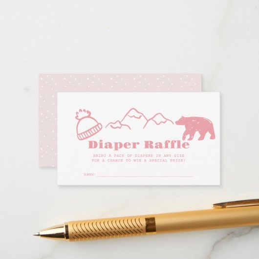 Pink Hand-Drawn Winter Baby Diaper Raffle Ticket エンクロージャーカード (正面/裏面インサイチュ)