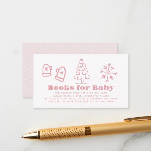 Pink Hand-Drawn Winter Baby Shower Book Request エンクロージャーカード (正面/裏面インサイチュ)