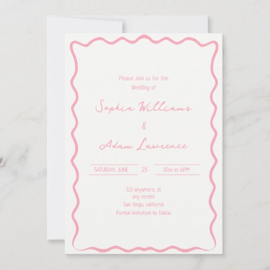 Pink Hand Written Pinstripes Whimsical Wedding 招待状 (正面)