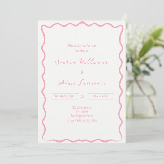 Pink Hand Written Pinstripes Whimsical Wedding 招待状 (スタンド正面)