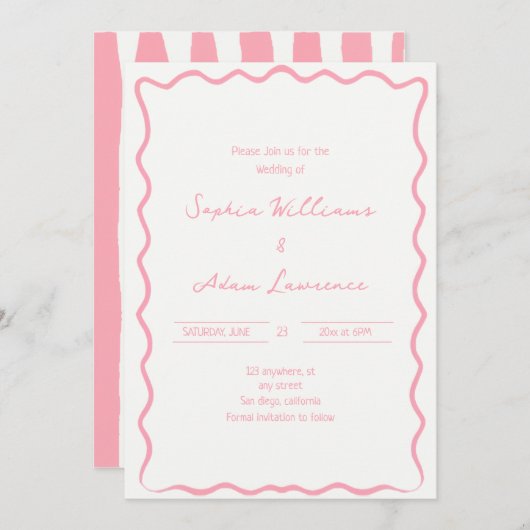 Pink Hand Written Pinstripes Whimsical Wedding 招待状 (正面/裏面)