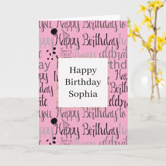 Pink Happy Birthday カード (黄色い花)