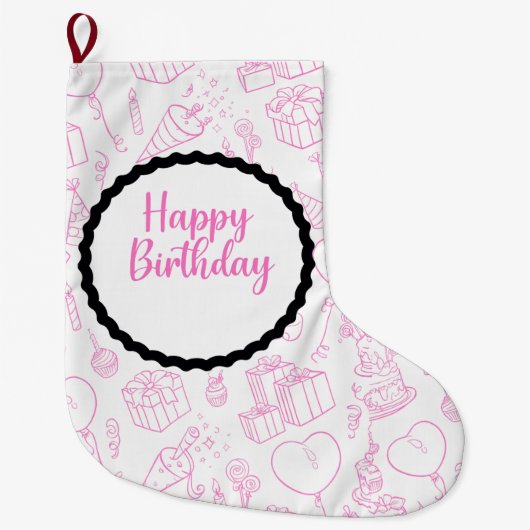 Pink Happy Birthday Gift – Cute Party Icon ラージクリスマスストッキング (正面)