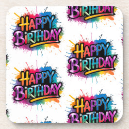 Pink Happy Birthday Graffiti Plastic Coaster コースター