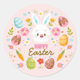 Pink Happy Easter BunnySpring  Floral  ラウンドシール