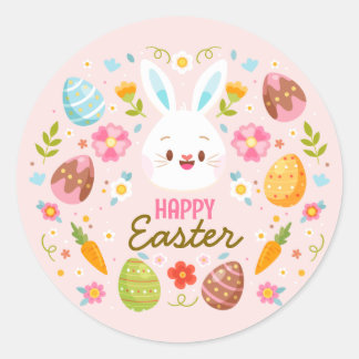 Pink Happy Easter BunnySpring  Floral  ラウンドシール