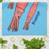 Pink happy squid cartoon illustration  キッチンタオル (折り畳み)